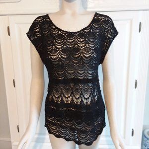 aerie boho chic loose flit black sheer crochet top, size small
